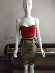 Gold Red Patchwork Strapless Prom Bodycon Dress
