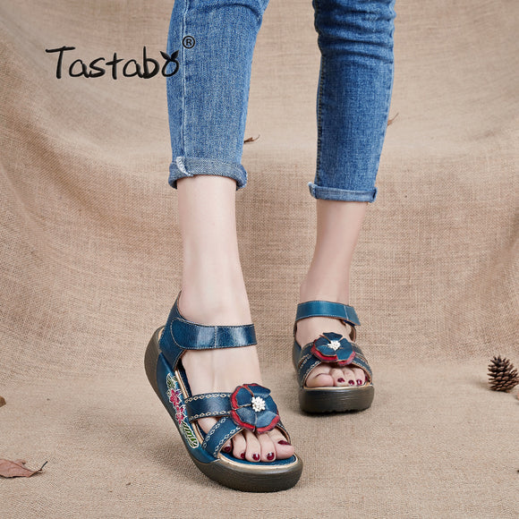 Tastabo Genuine Leather Gladiator Sandals Fashion Low Wedges Flower Summer Shoes