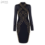 Turtleneck Beading Long Sleeve Mesh Chic Bandage Dress
