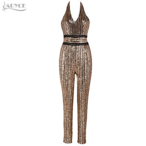 Golden V Neck Sleeveless Sequined Long Jumpsuit Macacao Feminino