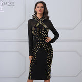 Turtleneck Beading Long Sleeve Mesh Chic Bandage Dress