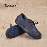 Tastabo Genuine Leather Oxford Shoes For Women Round Toe Lace-Up Casual Shoes