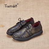Tastabo Genuine Leather Oxford Shoes For Women Round Toe Lace-Up Casual Shoes