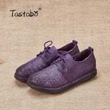 Tastabo Genuine Leather Oxford Shoes For Women Round Toe Lace-Up Casual Shoes