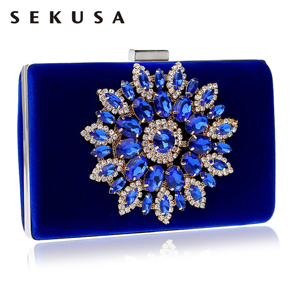 SEKUSA Flower Rhinestones Red Black Purple Gold Chain Shoulder Bags Metal Day Clutches Purse Wedding Wallets