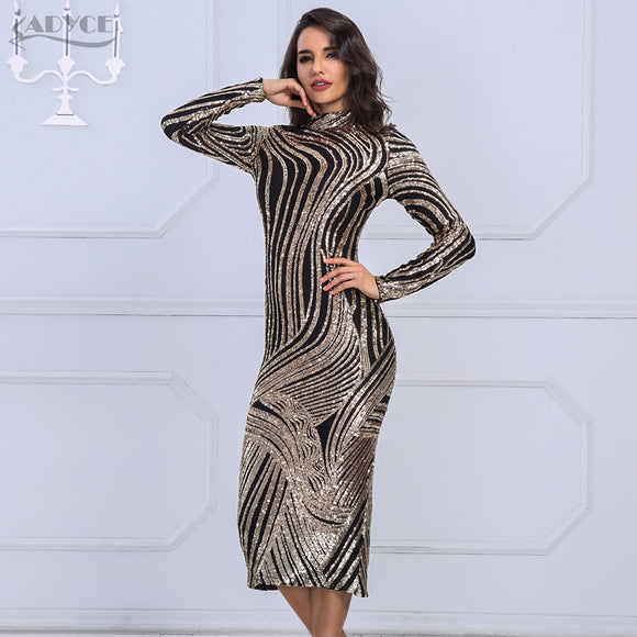 Black Golden Long Sleeve Sequins Midi Dress