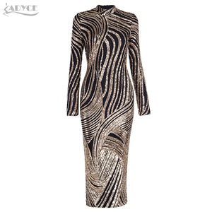 Black Golden Long Sleeve Sequins Midi Dress