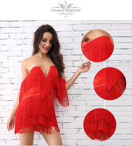 Sexy V Neck Off Shoulder Tassels Embellished Mini Fringe Dress