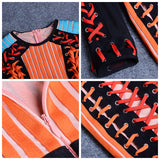 Black Blue Long Sleeve Orange Lace Up Mesh Dress