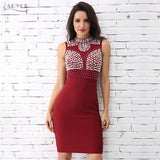 Beaded Rhinestone Wine Sleeveless High Neck Mesh Dress