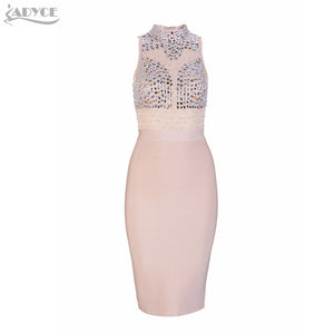Beaded Rhinestone Wine Sleeveless High Neck Mesh Dress