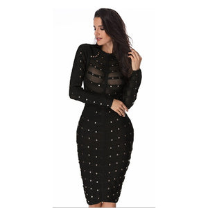 Long Sleeve Studded Button Olive Mesh High Neck Dress