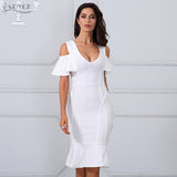 V Neck Short Sleeve Ruffles Mid-Calf Length Dress