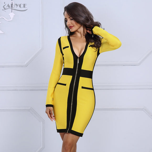 Yellow&Black Women V Neck Long Sleeve Dress