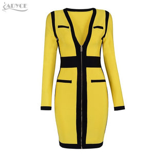 Yellow&Black Women V Neck Long Sleeve Dress
