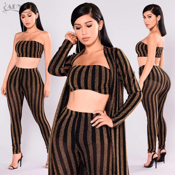 Striped Women 3 Pieces Sets Crop Tops&Pants&Jacket  Set