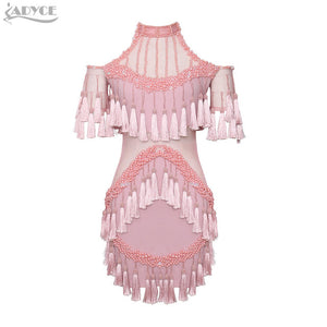 Pink Luxury Beading off shoulder Tassel Mesh Short Sleeve Sexy Dress