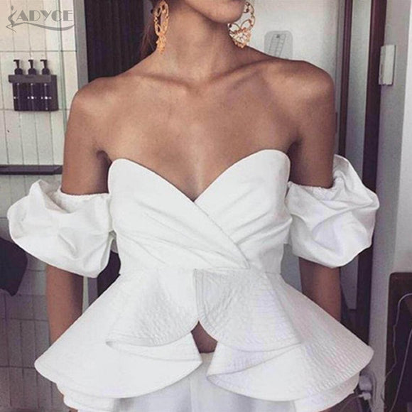 Sexy White Women Off The Shoulder Ruffles Strapless Short Tops Crop Tops Women
