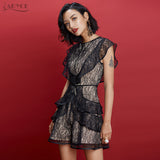 O-Neck Lace Mesh Ruffles Dress