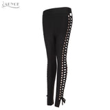 Black Handmade Cross Stretch Mid Waist Slim Casual Lace Up Trousers Female