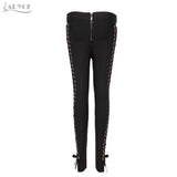 Black Handmade Cross Stretch Mid Waist Slim Casual Lace Up Trousers Female