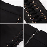 Black Handmade Cross Stretch Mid Waist Slim Casual Lace Up Trousers Female