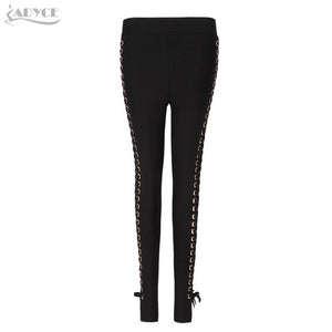 Black Handmade Cross Stretch Mid Waist Slim Casual Lace Up Trousers Female