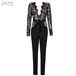 Sexy Long Sleeve Black Lace Bandage V Neck Cocktail Jumpsuit