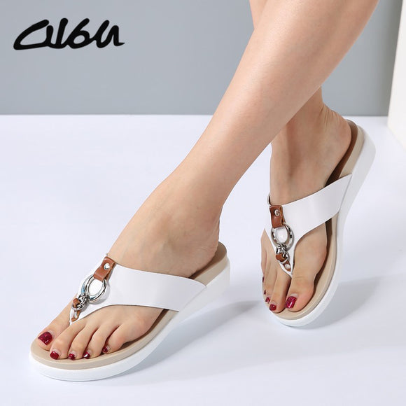 Women Wedge Heels Slip on Leather Platform Slipper