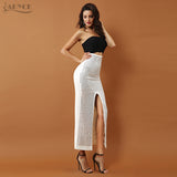Sleeveless Strapless Beaded Hollow Out Sexy Front Splitting Dress
