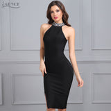 Sleeveless Split Halter Diamonds Black Dress