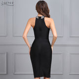 Sleeveless Split Halter Diamonds Black Dress