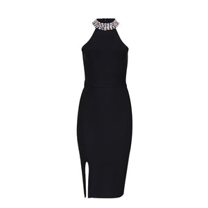 Sleeveless Split Halter Diamonds Black Dress