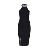 Sleeveless Split Halter Diamonds Black Dress