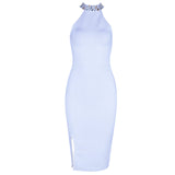 Sleeveless Split Halter Diamonds Black Dress