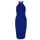 Sleeveless Split Halter Diamonds Black Dress