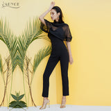Long Rompers Bodysuit Black V Neck Lace Mesh Jumpsuit