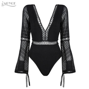 Jumpsuit Sexy Black Backless V Neck Lace Up Hollow Out Flare Sleeve Women Bodysuits