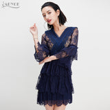 Flare Sleeve V Neck Lace Mesh Ruffles Dress