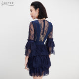 Flare Sleeve V Neck Lace Mesh Ruffles Dress