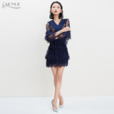 Flare Sleeve V Neck Lace Mesh Ruffles Dress