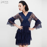 Flare Sleeve V Neck Lace Mesh Ruffles Dress