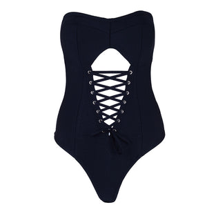 Strapless Sleeveless Lace Up Hollow Out Bodysuit