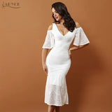 White V Neck Half Flare Sleeve Vestido Ruffles Mid-Calf Length Dress