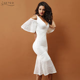 White V Neck Half Flare Sleeve Vestido Ruffles Mid-Calf Length Dress
