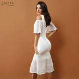 White V Neck Half Flare Sleeve Vestido Ruffles Mid-Calf Length Dress
