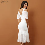 White V Neck Half Flare Sleeve Vestido Ruffles Mid-Calf Length Dress