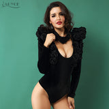 Black Bodysuits Long Sleeve Patchwork Flower O-Neck Halter Swimsuit Sexy Bodycon Bikini
