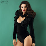 Black Bodysuits Long Sleeve Patchwork Flower O-Neck Halter Swimsuit Sexy Bodycon Bikini