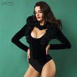 Black Bodysuits Long Sleeve Patchwork Flower O-Neck Halter Swimsuit Sexy Bodycon Bikini